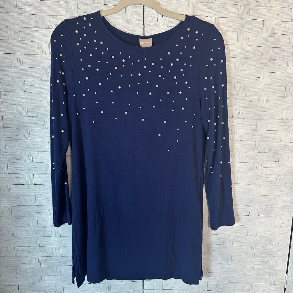 Talbots Woman’s tunic top, navy blue pearl beating on shoulders and sleeves